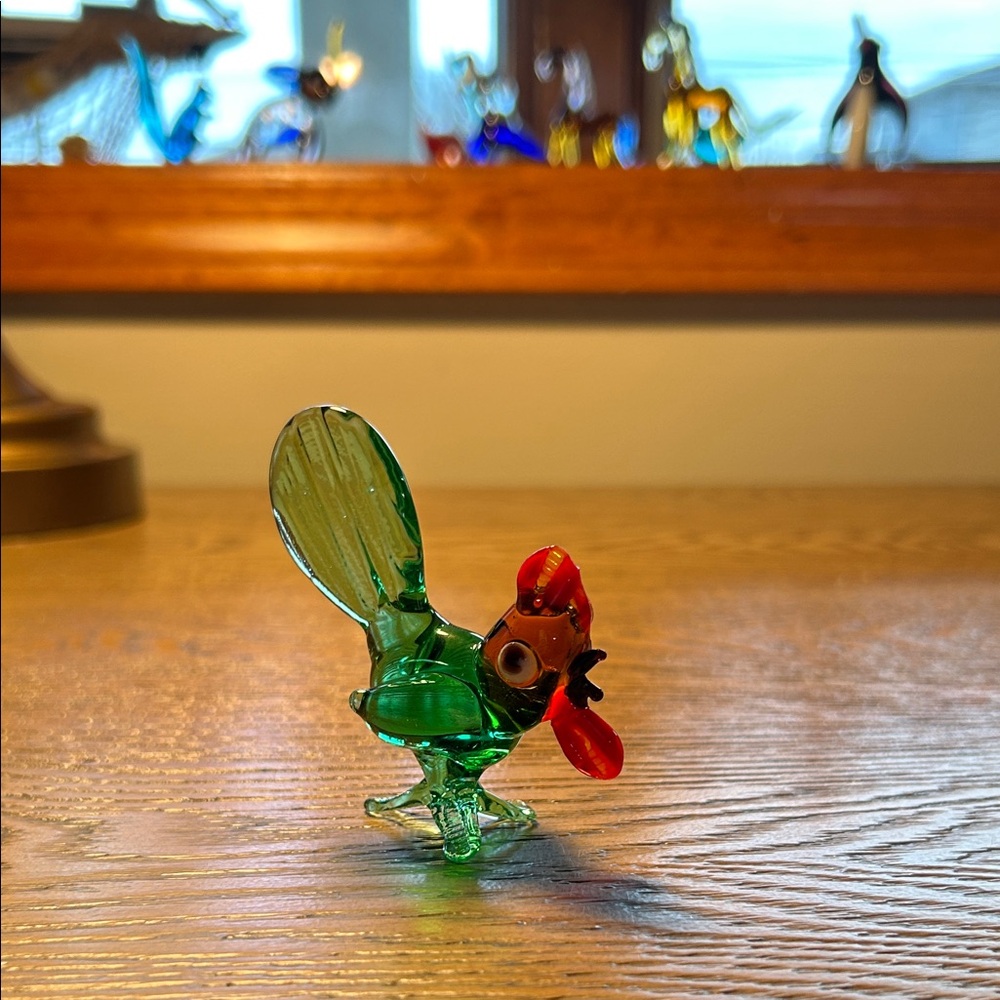 Vintage Glass Rooster Figurine Green Red Hand Blown Mid Century 1970s
